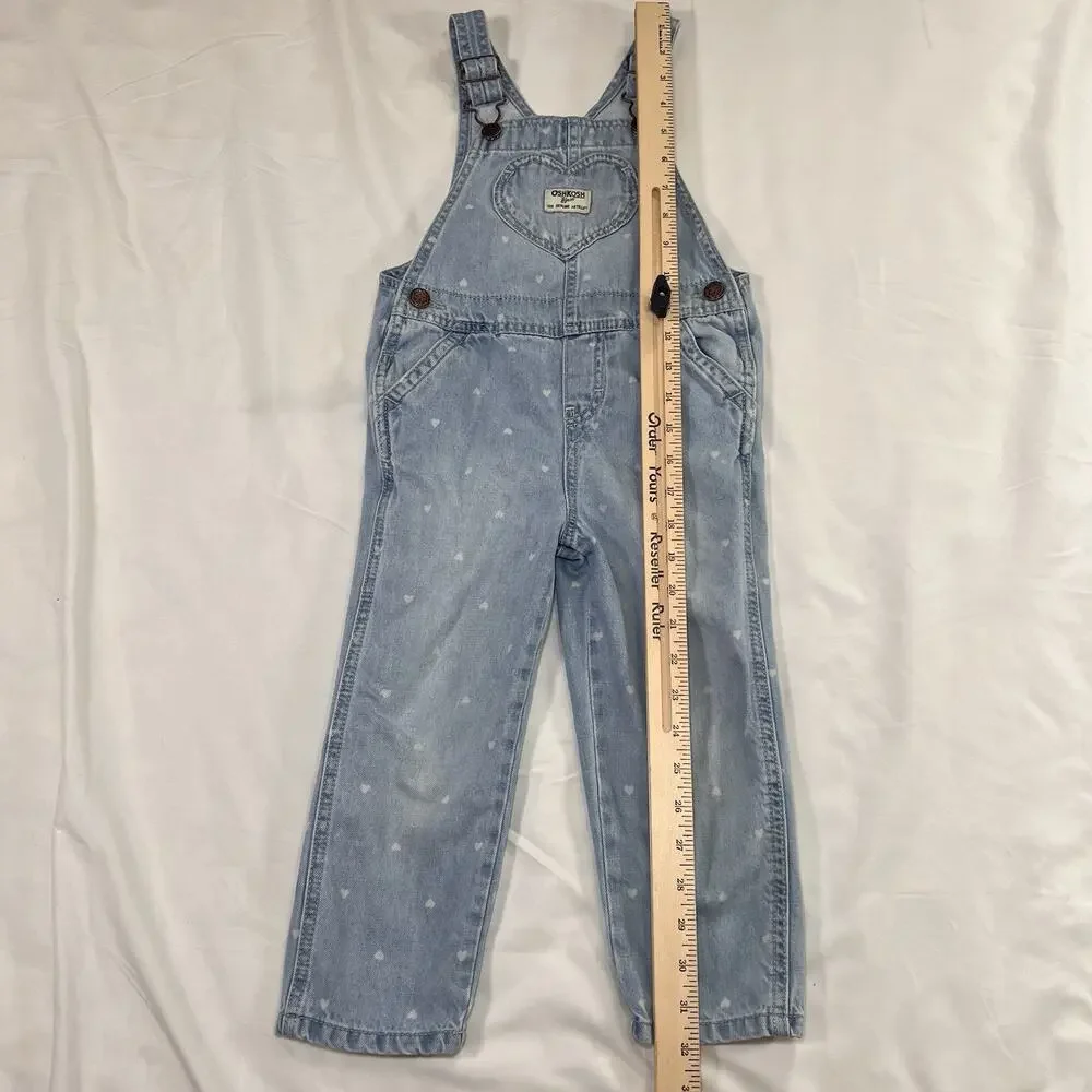 Osh Kosh B’gosh Overalls Toddler Girl Size 4T Blue Denim Heart AOP Heart Pocket